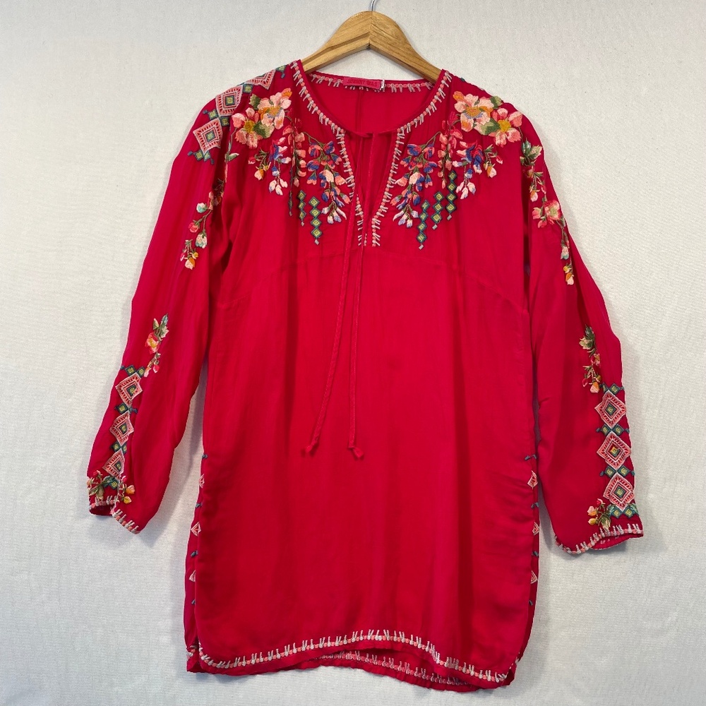 JOHNNY WAS Women’s Petite XS Red Embroidered Long Sleeve Tunic Top